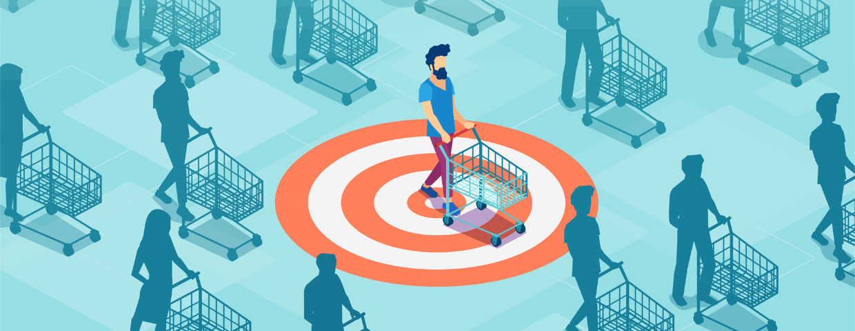 Graphics showing multiple people with shopping carts. One person is colored and on a target, representing a "target audience."