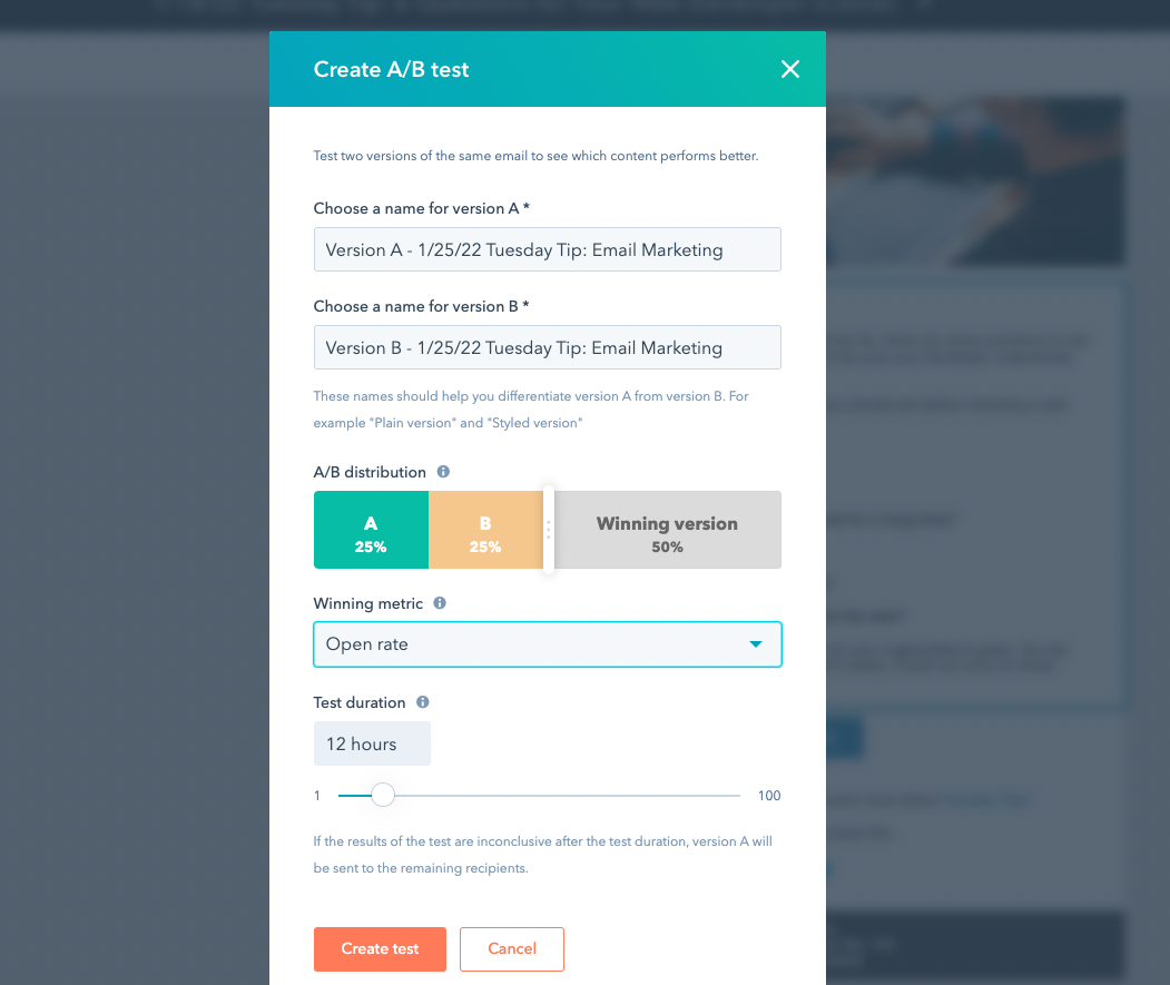 Screenshot of how to create an A/B test in HubSpot