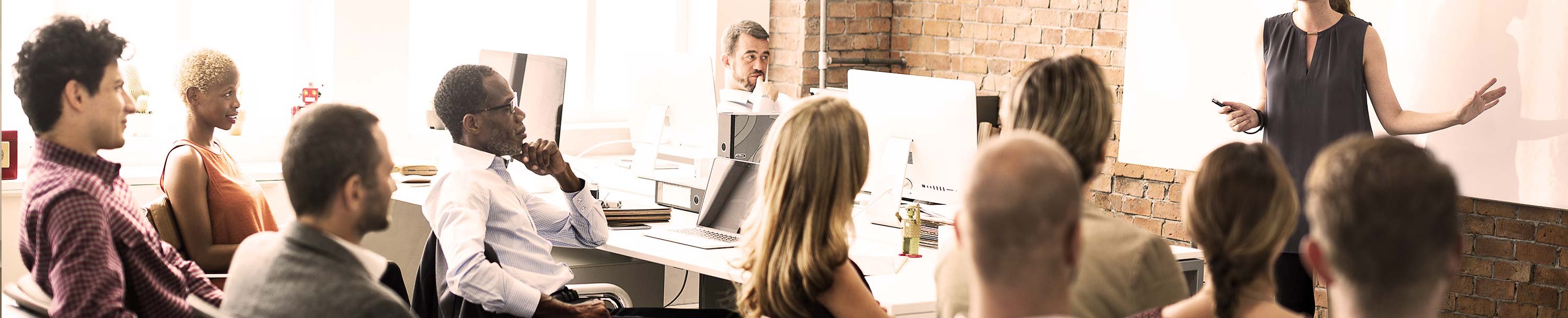 Group of co-workers listening to a presentation